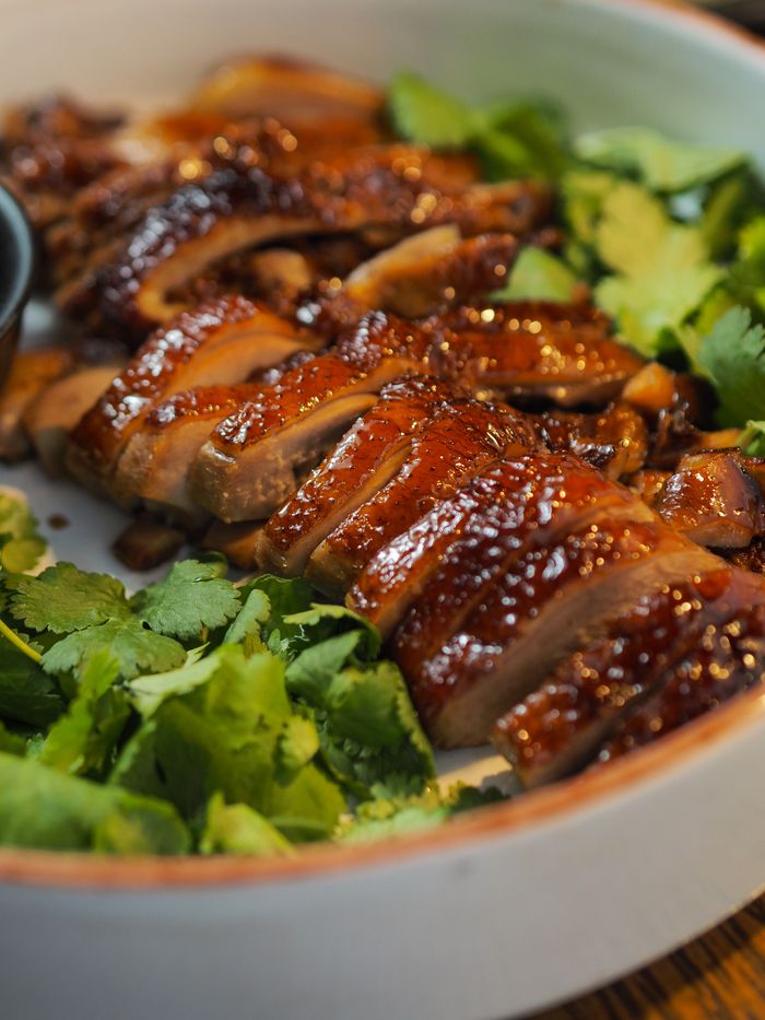 Close-up of sliced roast duck with a vibrant cilantro garnish, perfect for gourmet cooking inspiration.